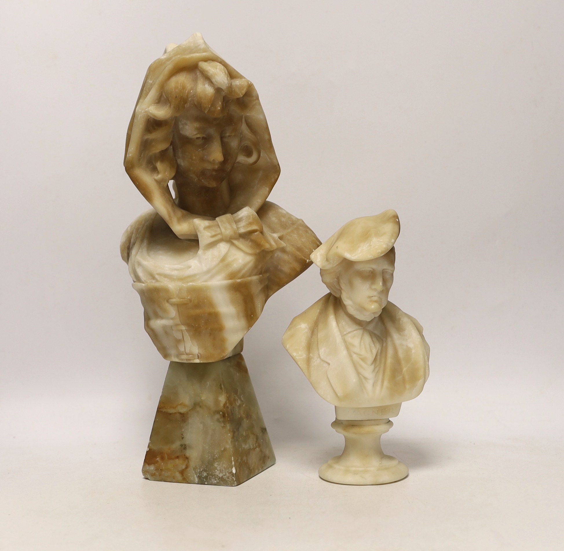 An early 20th century Italian alabaster female portrait bust, 34cm high, and a smaller bust of Richard Wagner